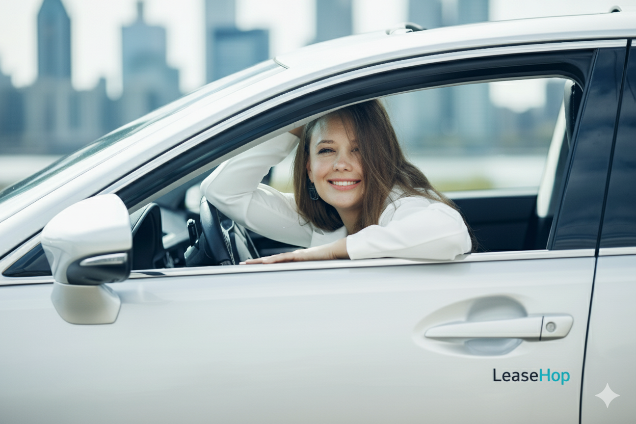Happy woman in modern car with city background